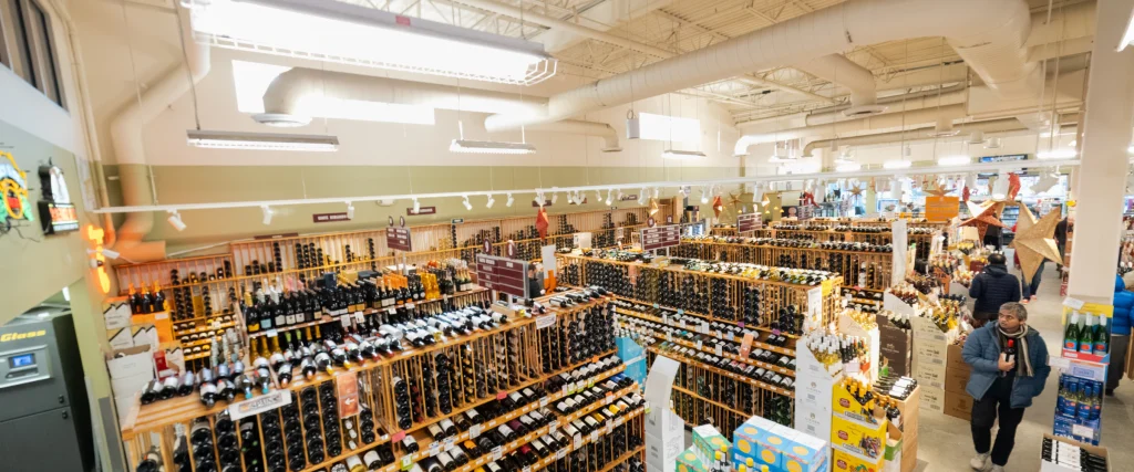 Wine and spirits aisles inside an established retail store