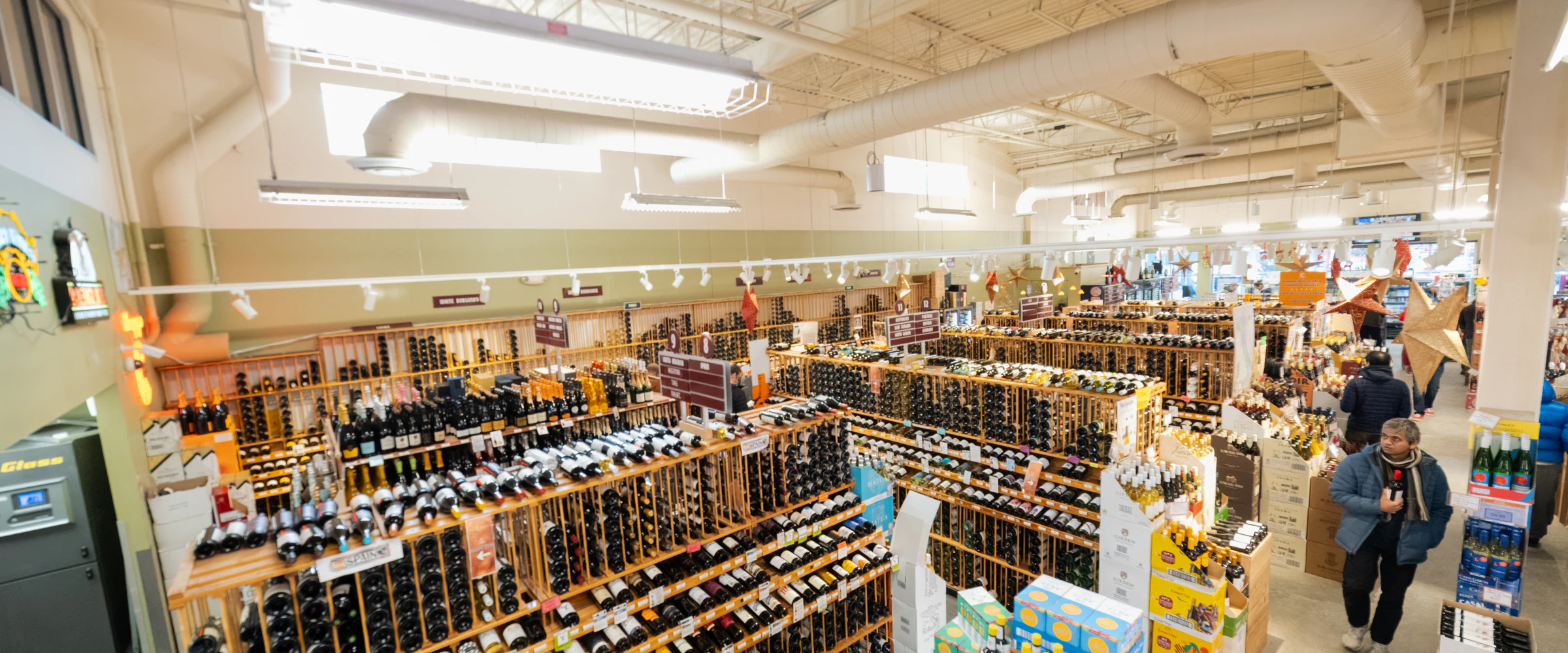 Wine and spirits aisles inside an established retail store